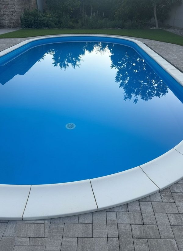 La piscina de Casa Marko al atardecer, con los árboles reflejados en el agua